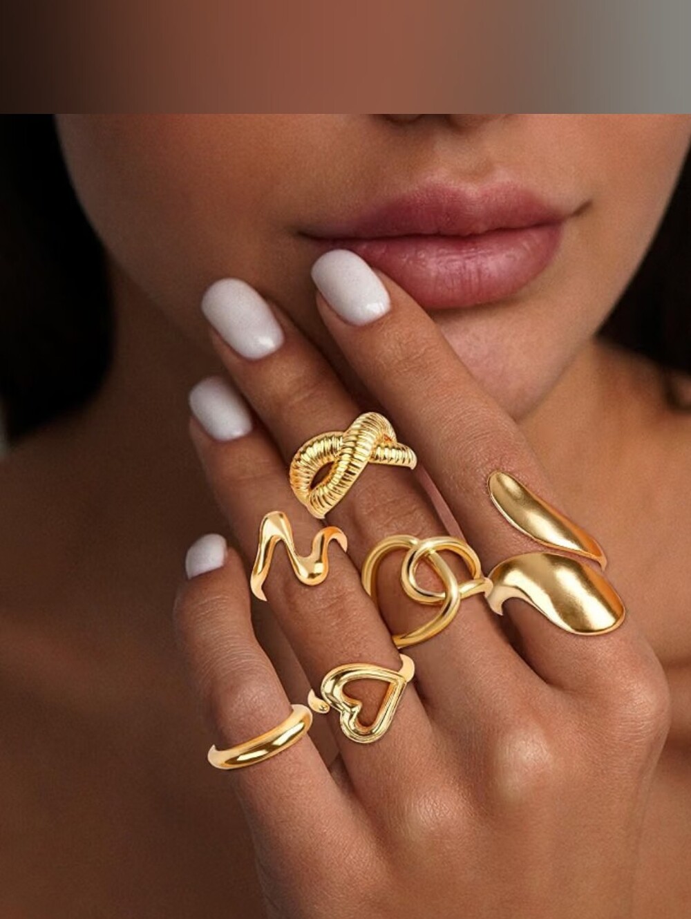 Chunky Gold Rings Open Adjustable Stackable Rings Set 6pcs - Picture 4 of 4
